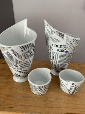 Newspaper Print Porcelain Fry Pots Set - White